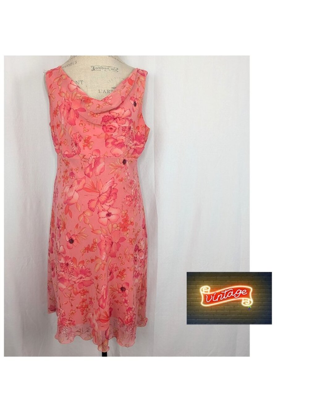 Vintage 90s En Focus Pink Drape Dress Medium Floral